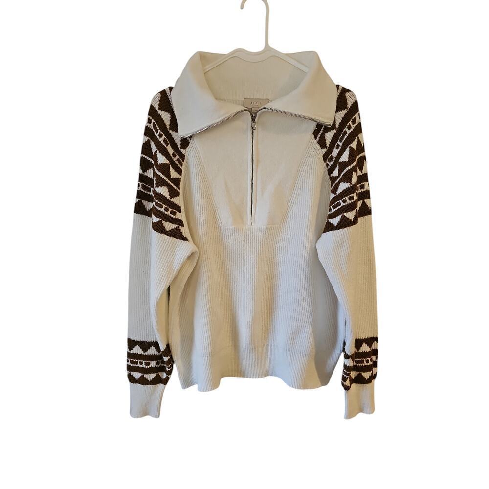 Loft sz medium cream and brown quarter zip sweater new